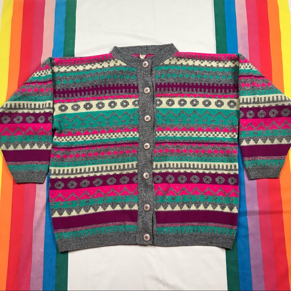 Vintage 80s Geometric Cardigan Sweater Multi Colour Long Sleeve Large